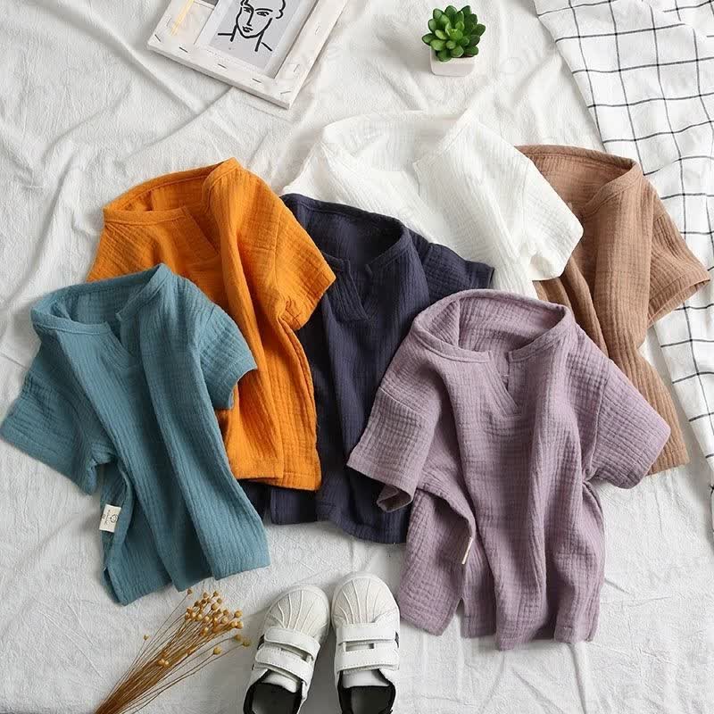 Toddler Solid Color Crinkle Texture Notch Neck T-Shirt - image 2