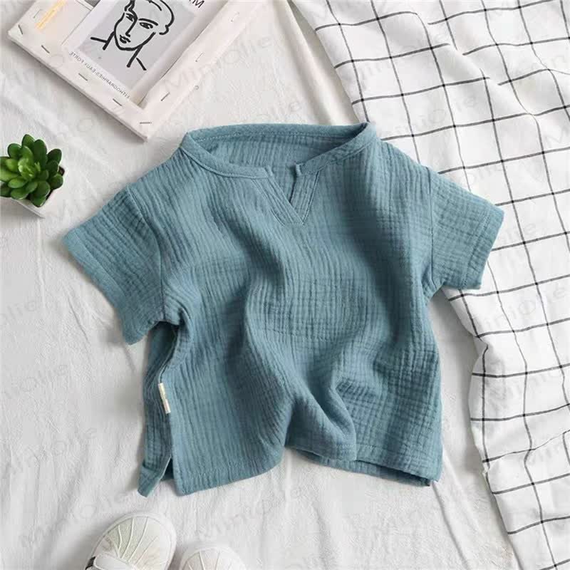 Toddler Solid Color Crinkle Texture Notch Neck T-Shirt - Blue - 8-9T - image 4