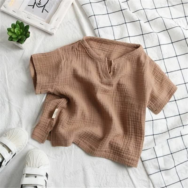 Toddler Solid Color Crinkle Texture Notch Neck T-Shirt - Brown - 8-9T - image 6