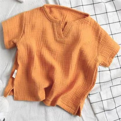 Toddler Solid Color Crinkle Texture Notch Neck T-Shirt - Orange - 8-9T - image 7