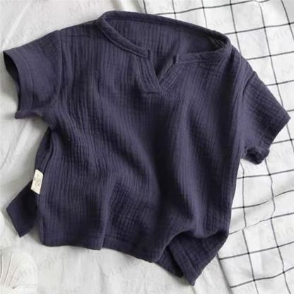 Toddler Solid Color Crinkle Texture Notch Neck T-Shirt - Navy - 8-9T - image 8
