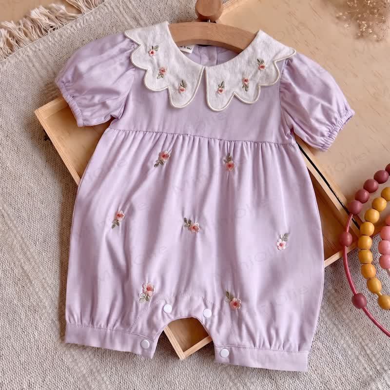 Baby Girls Floral Embroidered Bubble Sleeves Romper - Purple - 18-24M - image 2