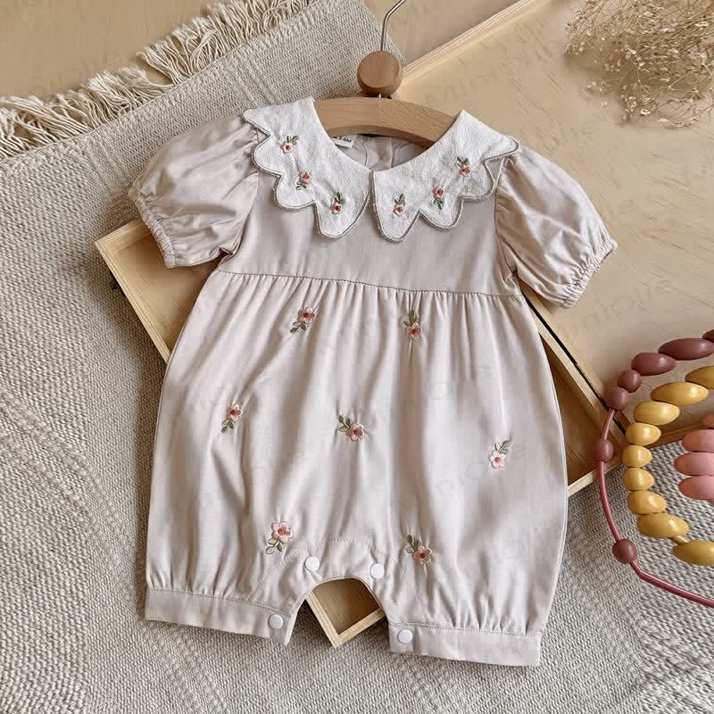Baby Girls Floral Embroidered Bubble Sleeves Romper - Apricot - 18-24M - image 3