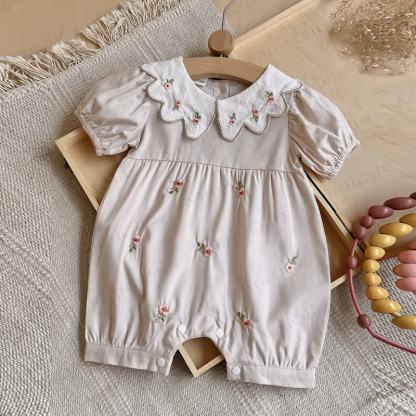 Baby Girls Floral Embroidered Bubble Sleeves Romper - Apricot - 18-24M - image 3