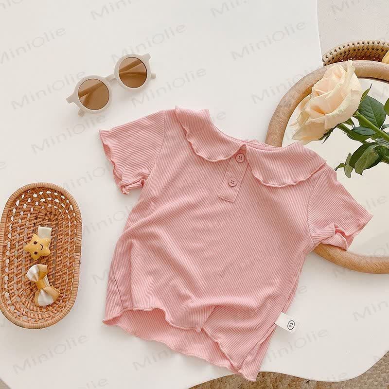 Toddler Girl Solid Color Ruffle Collar Ribbed T-Shirt - Pink - 6-7T - image 3