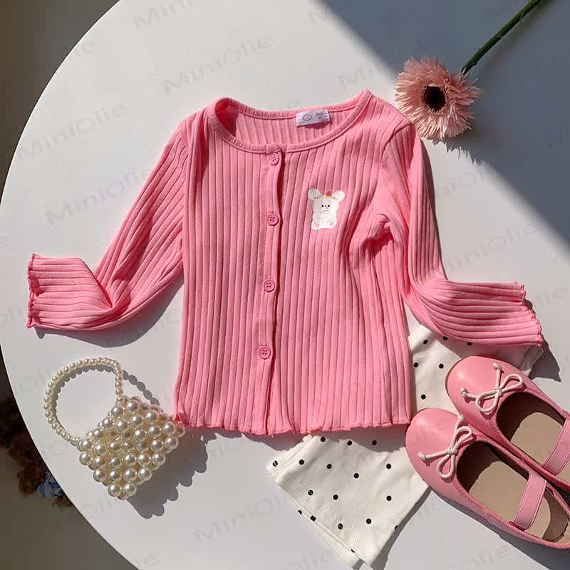 Toddler Girl Animal/Floral Ribbed Knitted Cardigan - Rose Pink - 8-9T - image 5