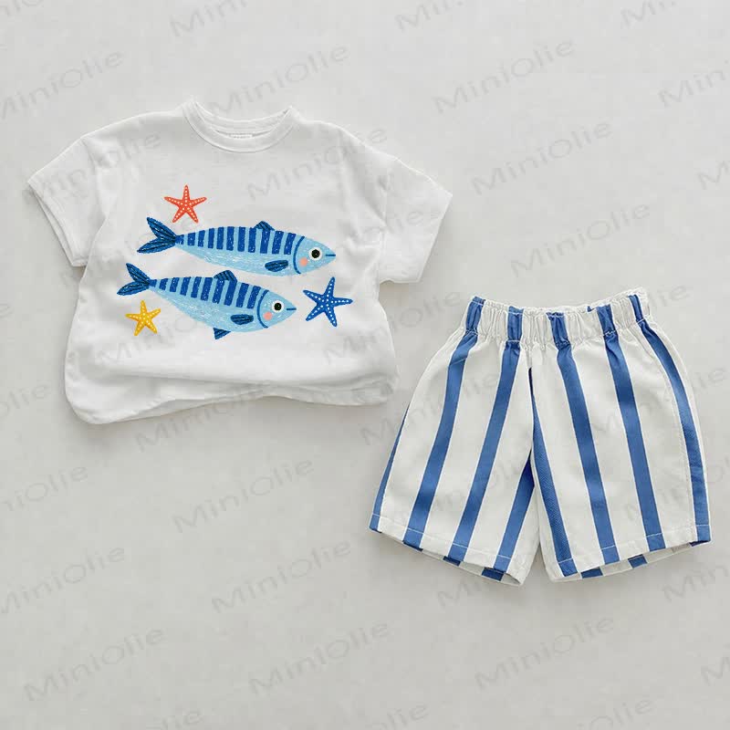 Baby Blue Fish Vertical Striped 2-piece Shorts Set - White&Blue - 2-3T - image 1