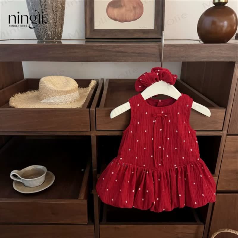 Toddler Girls Red Ditsy Dots Sleeveless Dress with Scrunchie - Red - 6-7T - image 1