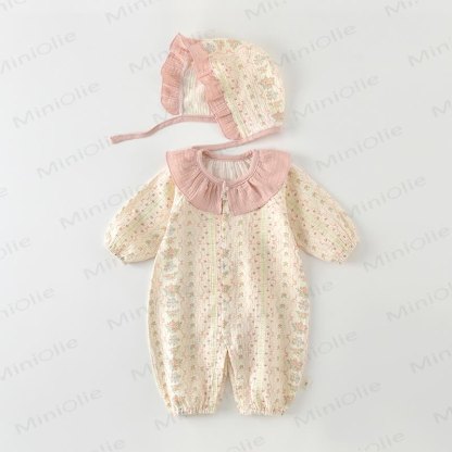 Baby Girls Floral Ruffle Collar Long Sleeves Romper with Hat or Short Sleeves Romper - Pink Long Sleeves Romper with Hat - 18-24M - image 1