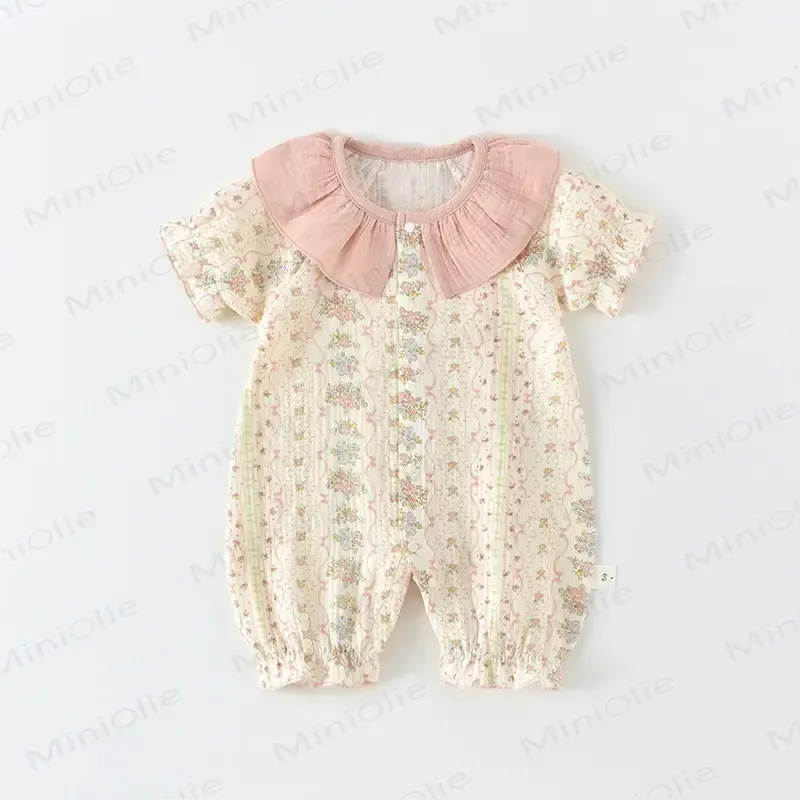 Baby Girls Floral Ruffle Collar Long Sleeves Romper with Hat or Short Sleeves Romper - Pink Short Sleeves Romper - 18-24M - image 2