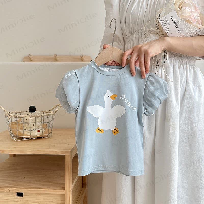Toddler Girl Crew Neck Puff Sleeve Summer T-shirt - Blue - 10-11T - image 3