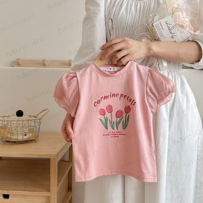 Toddler Girl Crew Neck Puff Sleeve Summer T-shirt - Pink - 10-11T - image 2