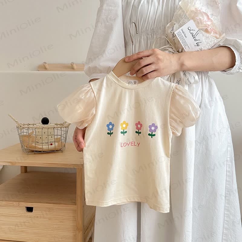 Toddler Girl Crew Neck Puff Sleeve Summer T-shirt - Beige - 10-11T - image 4