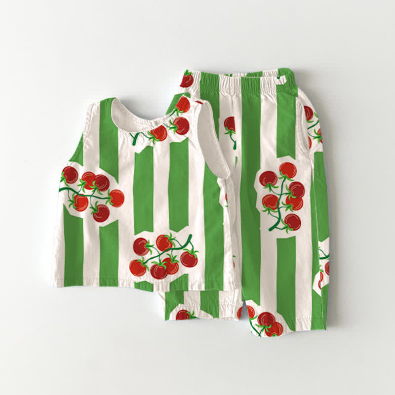 Baby Toddler Cherry Print Striped Top and Shorts 2-piece Set - Green - 3-4T - image 1