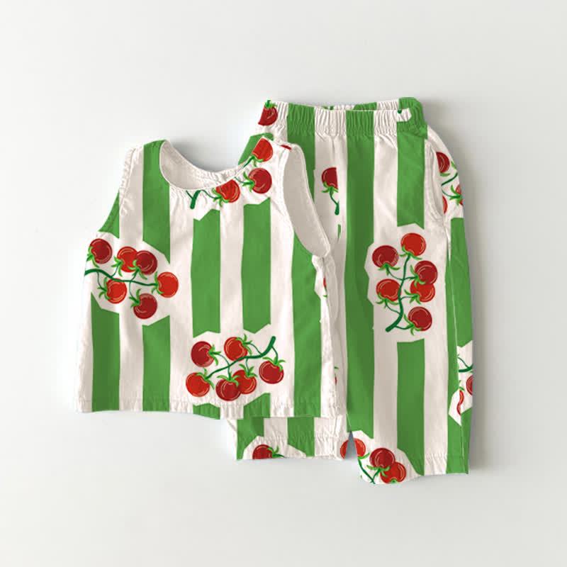 Baby Toddler Cherry Print Striped Top and Shorts 2-piece Set - Green - 3-4T - image 1