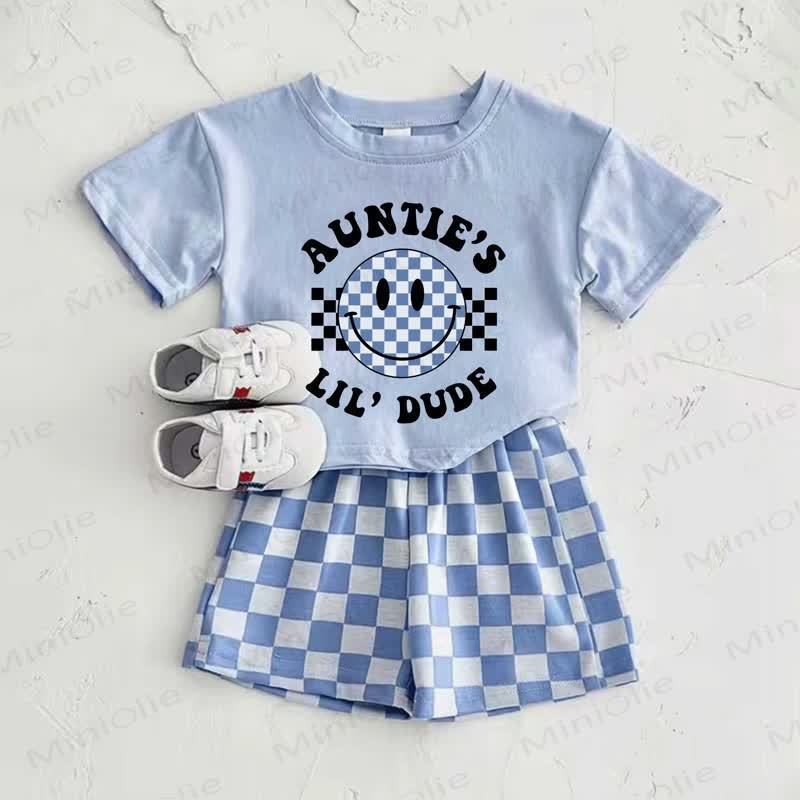 AUNTIE'S LIL'DUDE Baby Boys Blue Smiley Face Print Plaid T-shirt and Plaid Pants 2-Piece Set - Blue - 2-3T - image 1