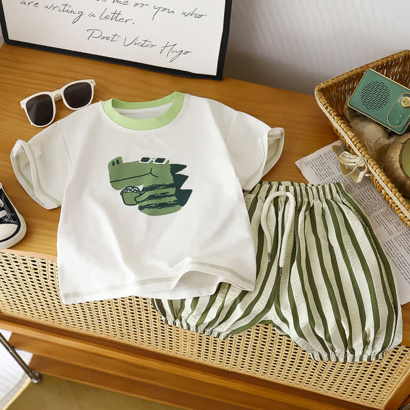 Toddler Boys Animal Tee and Stripe Shorts 2-piece Set - Green - 8-9T - image 2