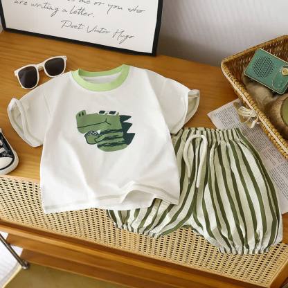 Toddler Boys Animal Tee and Stripe Shorts 2-piece Set - Green - 8-9T - image 2