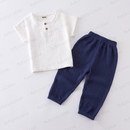 Toddler Cotton Solid Color Button Front Top and Pants 2-piece Set - White&Navy - 6-7T - image 4