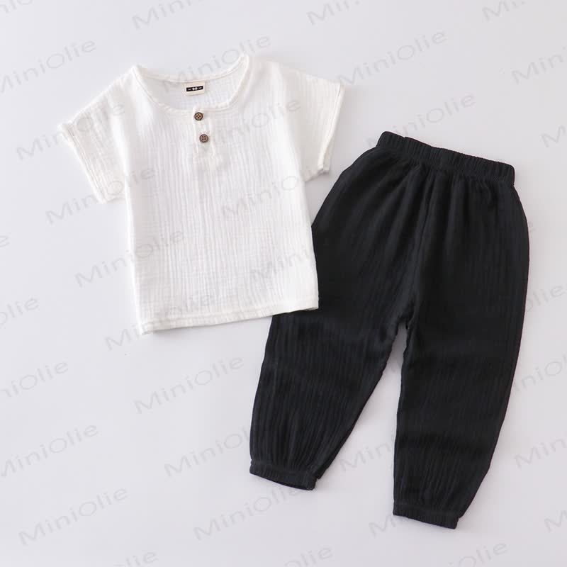 Toddler Cotton Solid Color Button Front Top and Pants 2-piece Set - White&Black - 6-7T - image 5