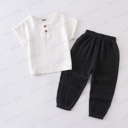 Toddler Cotton Solid Color Button Front Top and Pants 2-piece Set - White&Black - 6-7T - image 5