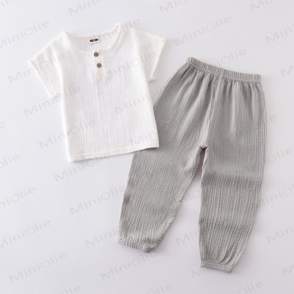 Toddler Cotton Solid Color Button Front Top and Pants 2-piece Set - White&Grey - 6-7T - image 7