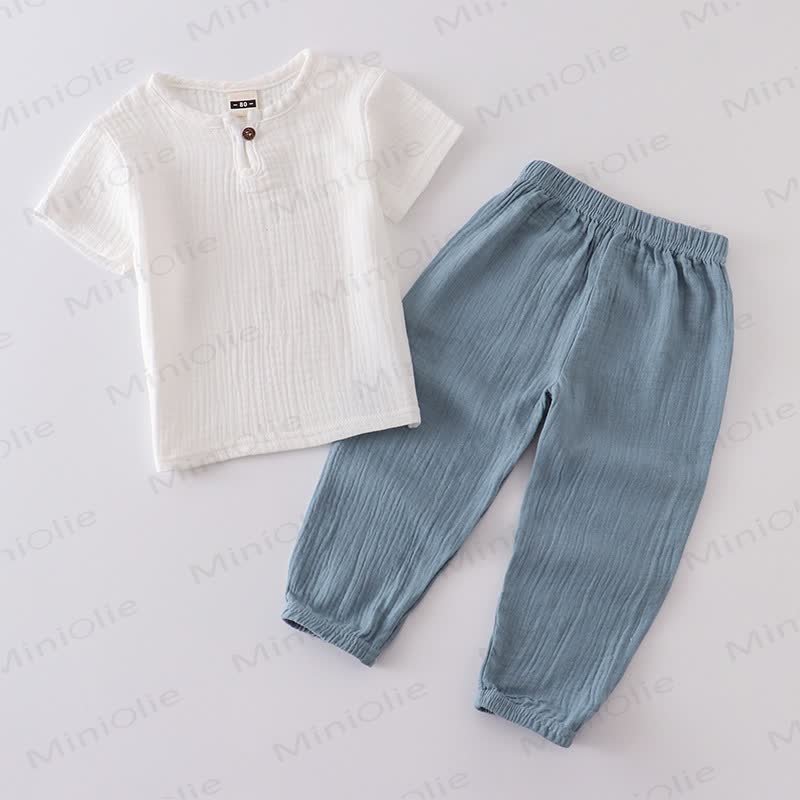 Toddler Cotton Solid Color Button Front Top and Pants 2-piece Set - White&Blue(Single Button) - 6-7T - image 9