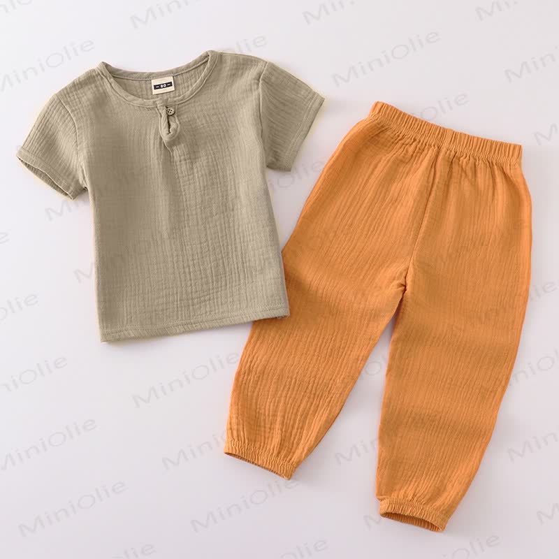 Toddler Cotton Solid Color Button Front Top and Pants 2-piece Set - Brown&Yellow(Single Button) - 6-7T - image 10