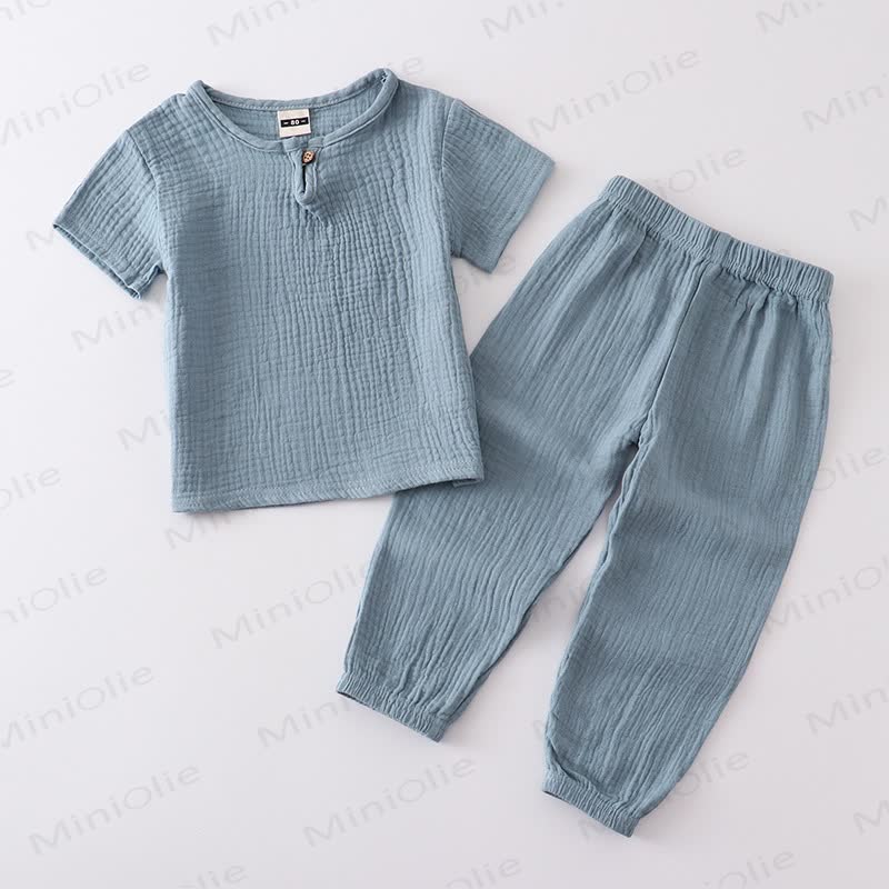 Toddler Cotton Solid Color Button Front Top and Pants 2-piece Set - Blue - 6-7T - image 11