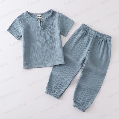 Toddler Cotton Solid Color Button Front Top and Pants 2-piece Set - Blue - 6-7T - image 11