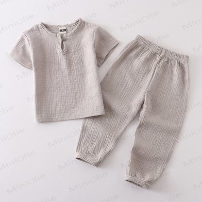 Toddler Cotton Solid Color Button Front Top and Pants 2-piece Set - Grey - 6-7T - image 12