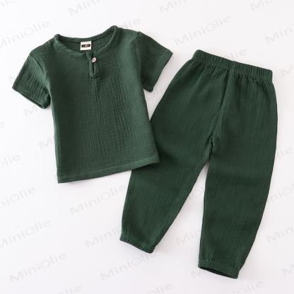 Toddler Cotton Solid Color Button Front Top and Pants 2-piece Set - Green - 6-7T - image 13