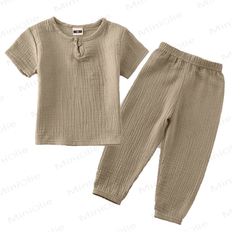 Toddler Cotton Solid Color Button Front Top and Pants 2-piece Set - Brown - 6-7T - image 14