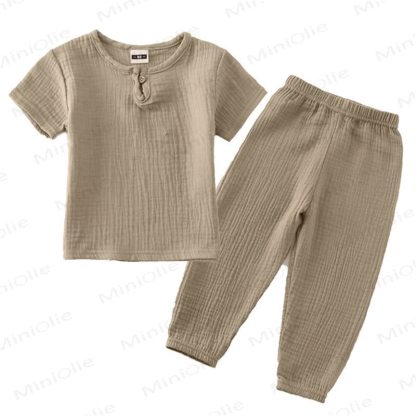 Toddler Cotton Solid Color Button Front Top and Pants 2-piece Set - Brown - 6-7T - image 14