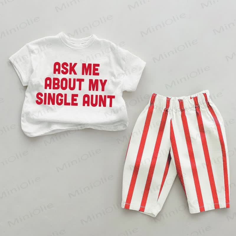 ASK ME ABOUT MY SINGLE AUNT Baby Slogan Red Striped 2-piece Set - White&Red - 4-5T - image 1