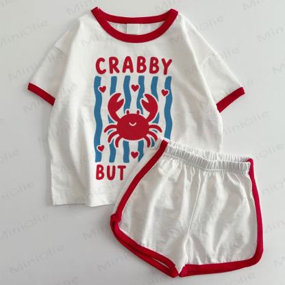CRABBY BUT CUTE Baby Crab Print White&Red T-shirt and Shorts 2-Piece Set - White&Red - 3-5T - image 1