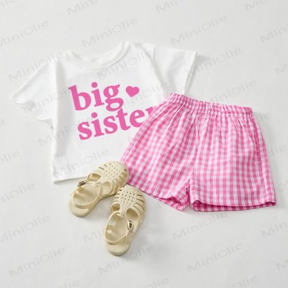 BIG SISTER Baby Girls Tee and Pink Plaid Shorts 2-Piece Set - White&Pink - 3-5T - image 1