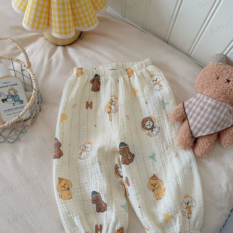 Toddler Soft Cotton Animal Print Gauze Lounge Pants - Beige Dog - 8-9T - image 6