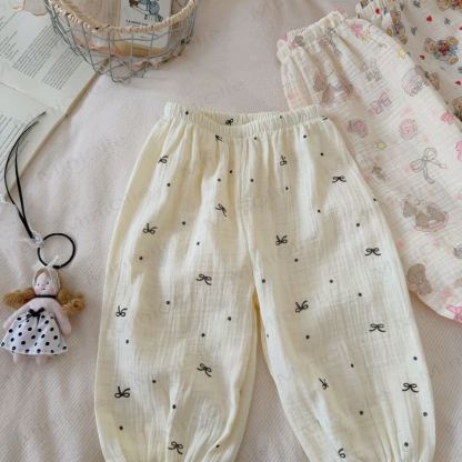 Toddler Soft Cotton Animal Print Gauze Lounge Pants - Beige Bow - 8-9T - image 9