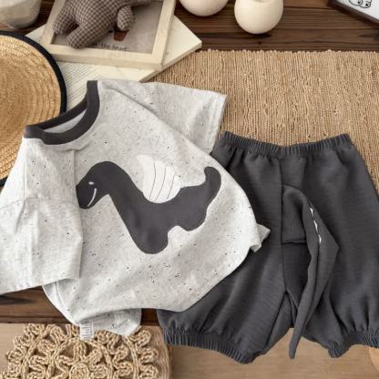 Toddler Boys Pure Cotton Dino Print T-Shirt and Shorts 2-piece Set - Gray - 8-9T - image 2