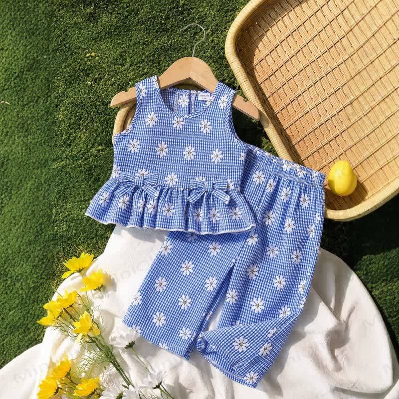 Baby Blue Gingham Daisy Tank Top and Pants 2-piece Set - Blue - 2-3T - image 1