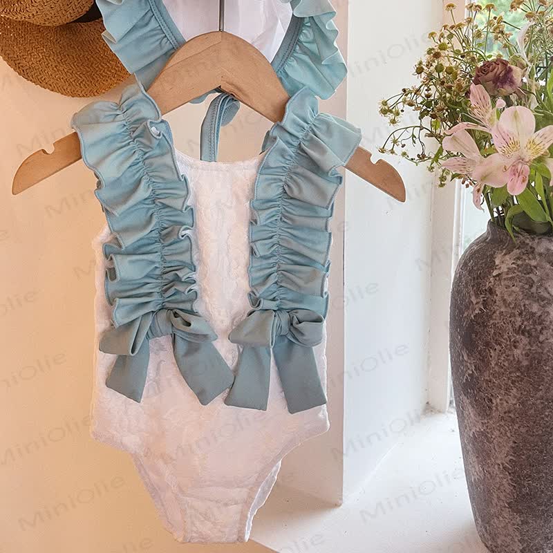 Toddler Girls Lace Ruffle Bow One Piece Sleeveless Swimsuit - Blue - 8-9T - image 3