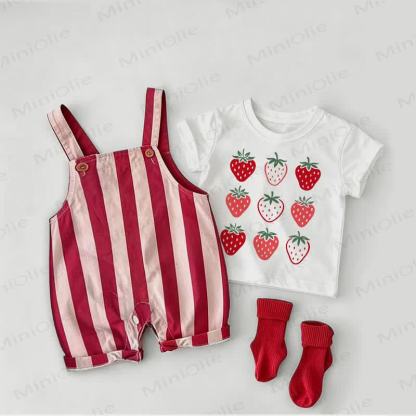 Baby Strawberry Red Stripe Overalls and White Tee 2-piece Set - White&Red - 2-3T - image 1