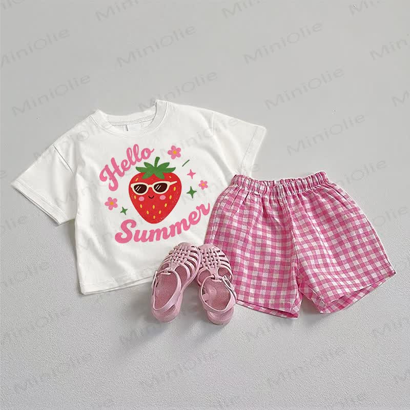 HELLO SUMMER Baby Tee and Pink Plaid Shorts 2-Piece Set - White&Pink - 3-5T - image 1