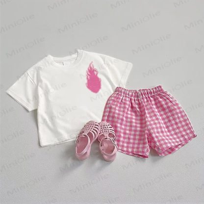 Baby Flame Tee and Pink Plaid Shorts 2-Piece Set - White&Pink - 3-5T - image 1