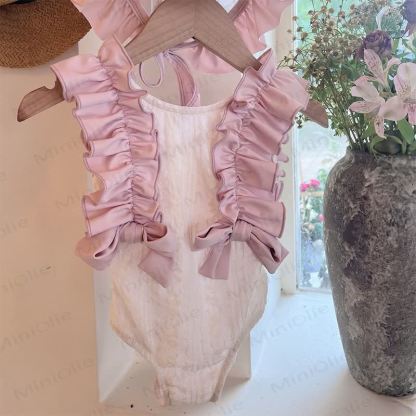 Toddler Girls Lace Ruffle Bow One Piece Sleeveless Swimsuit - Pink - 8-9T - image 2