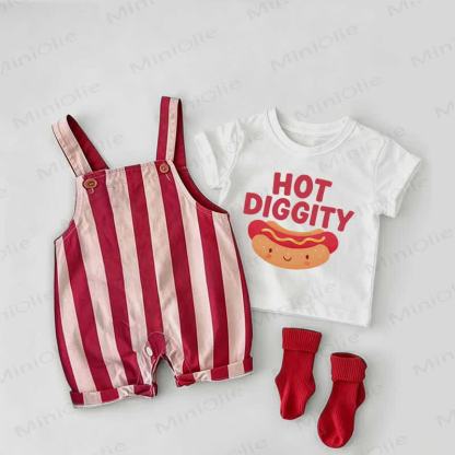 HOT DIGGITY Baby Red Stripe Hot Dog Overalls and White Tee 2-piece Set - White&Red - 2-3T - image 1