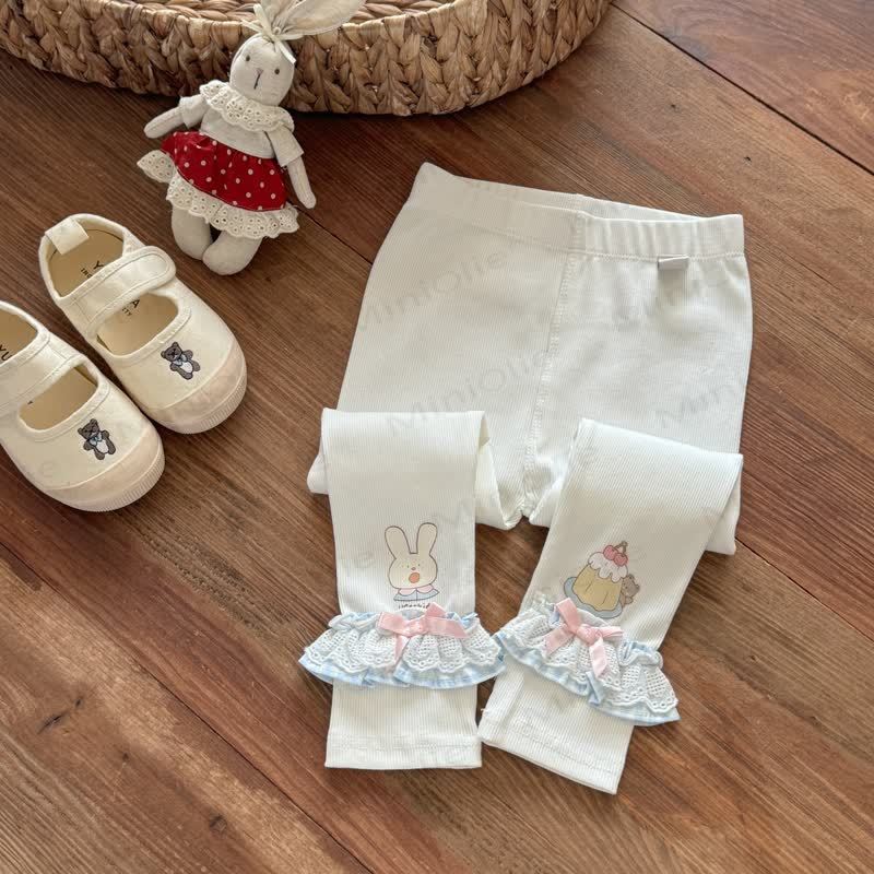 Toddler Girls Sweet Ribbed Knit Bunny Embroidery Lace Ruffle Leggings - White - 8-9T - image 2