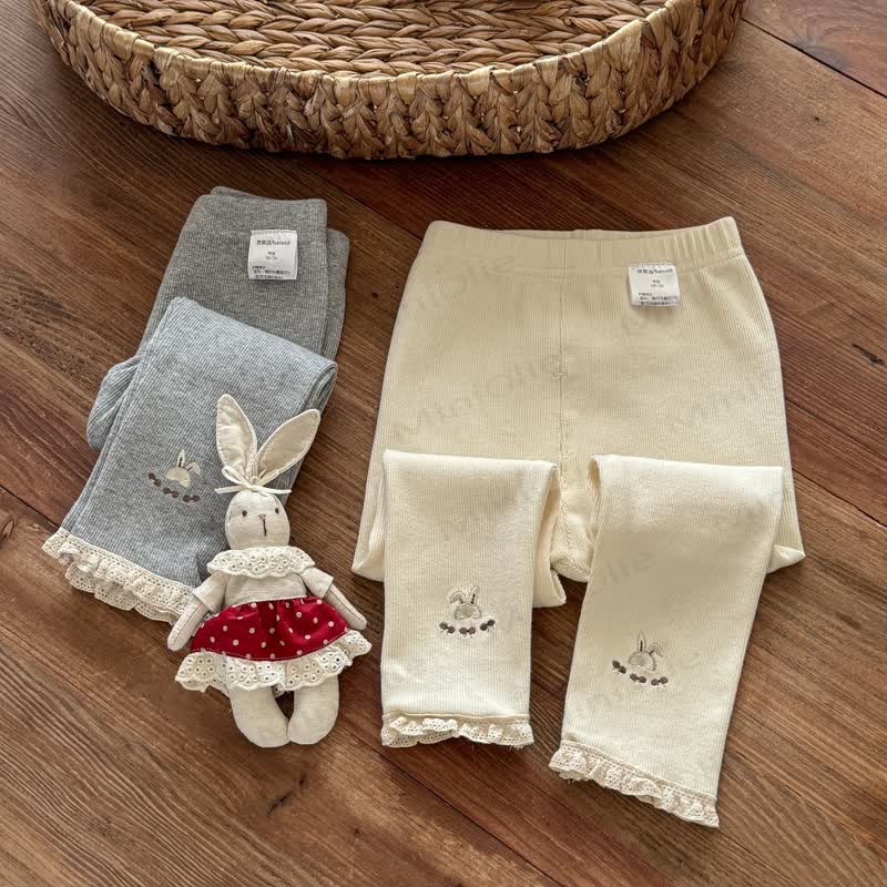 Toddler Girls Sweet Ribbed Knit Bunny Embroidery Lace Ruffle Leggings - Beige - 8-9T - image 5