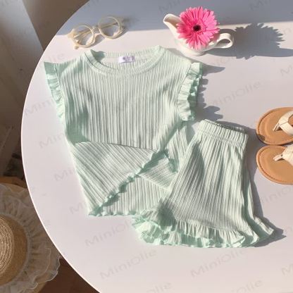 Toddler Girl Soft Ribbed Ruffle T-Shirt and Shorts 2-piece Set - Light Green - 8-9T - image 6